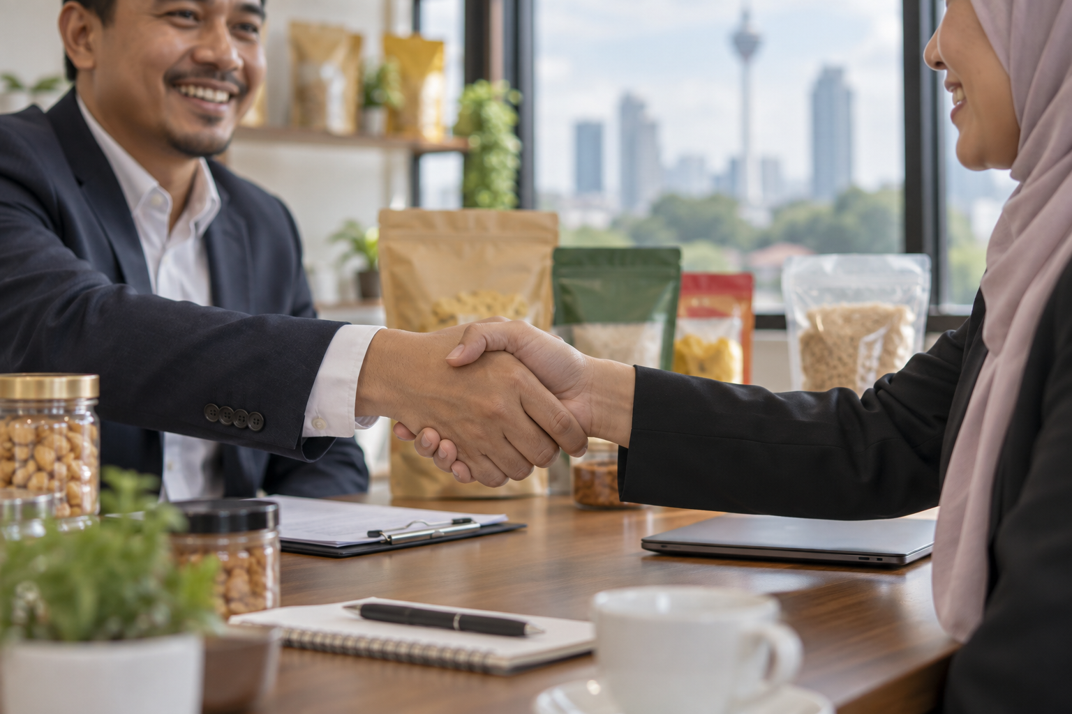 Illustrative business partners agreeing to collaborate