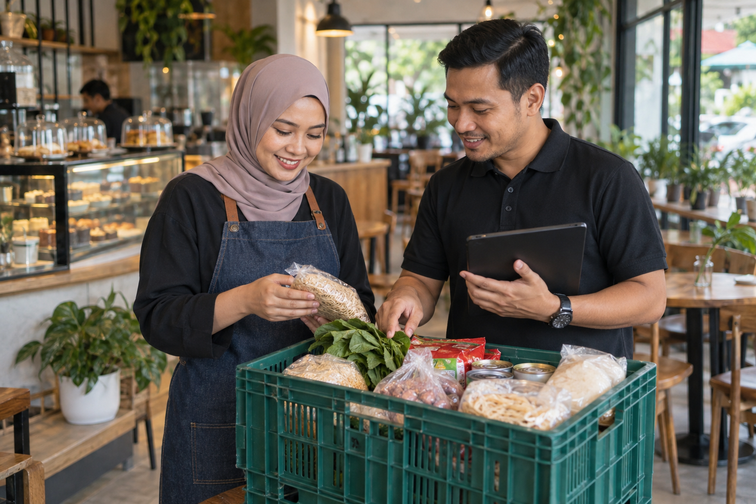 Illustrative cafe operator discussing supplies with a distributor