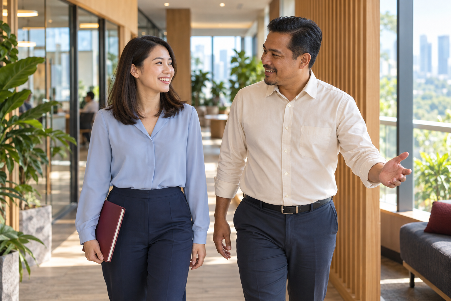 Illustrative professional walking through an office with documents