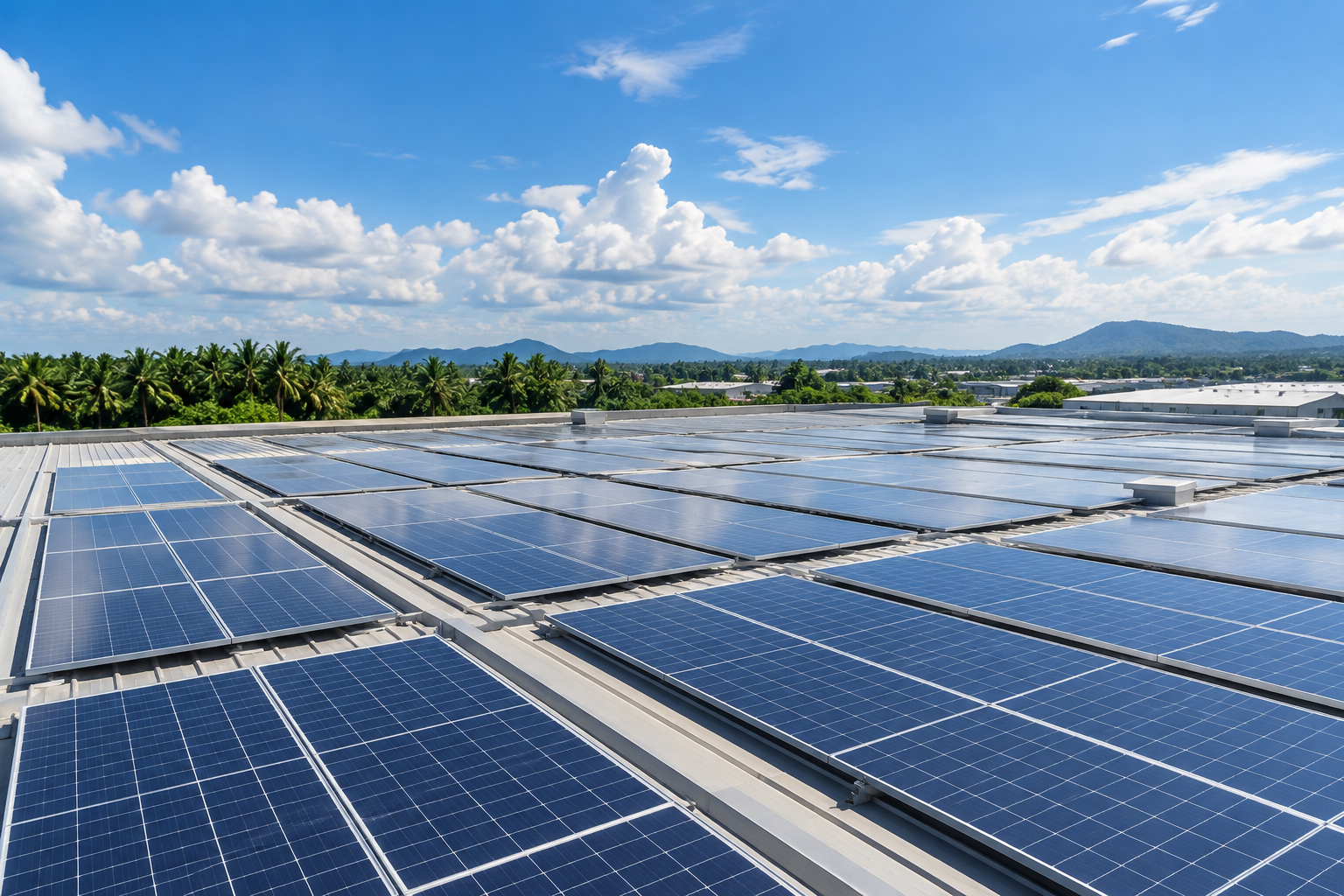 Illustrative solar panels across an industrial rooftop